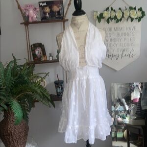 Aerie XXL White Halter Dress w/ Eyelet Detail Tie Neck Elastic Waist